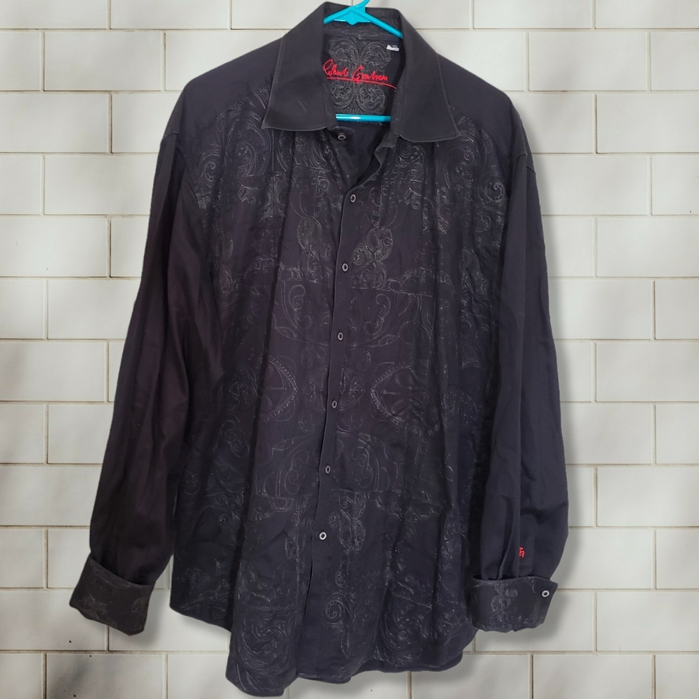 Robert Graham Black Paisley Print Long Sleeve Button Up Collared Shirt Size 2XL